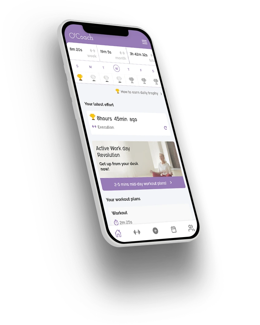 O'Coach fitness app helps you stay motivated by giving you golden and silver trophies for each workout completed.