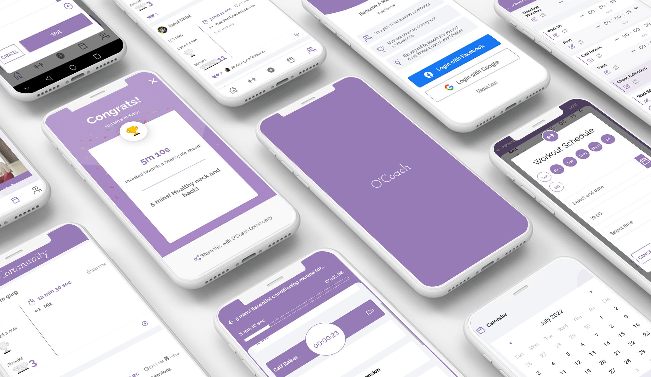 Key features of the O'Coach fitness app are shown on different different screens.